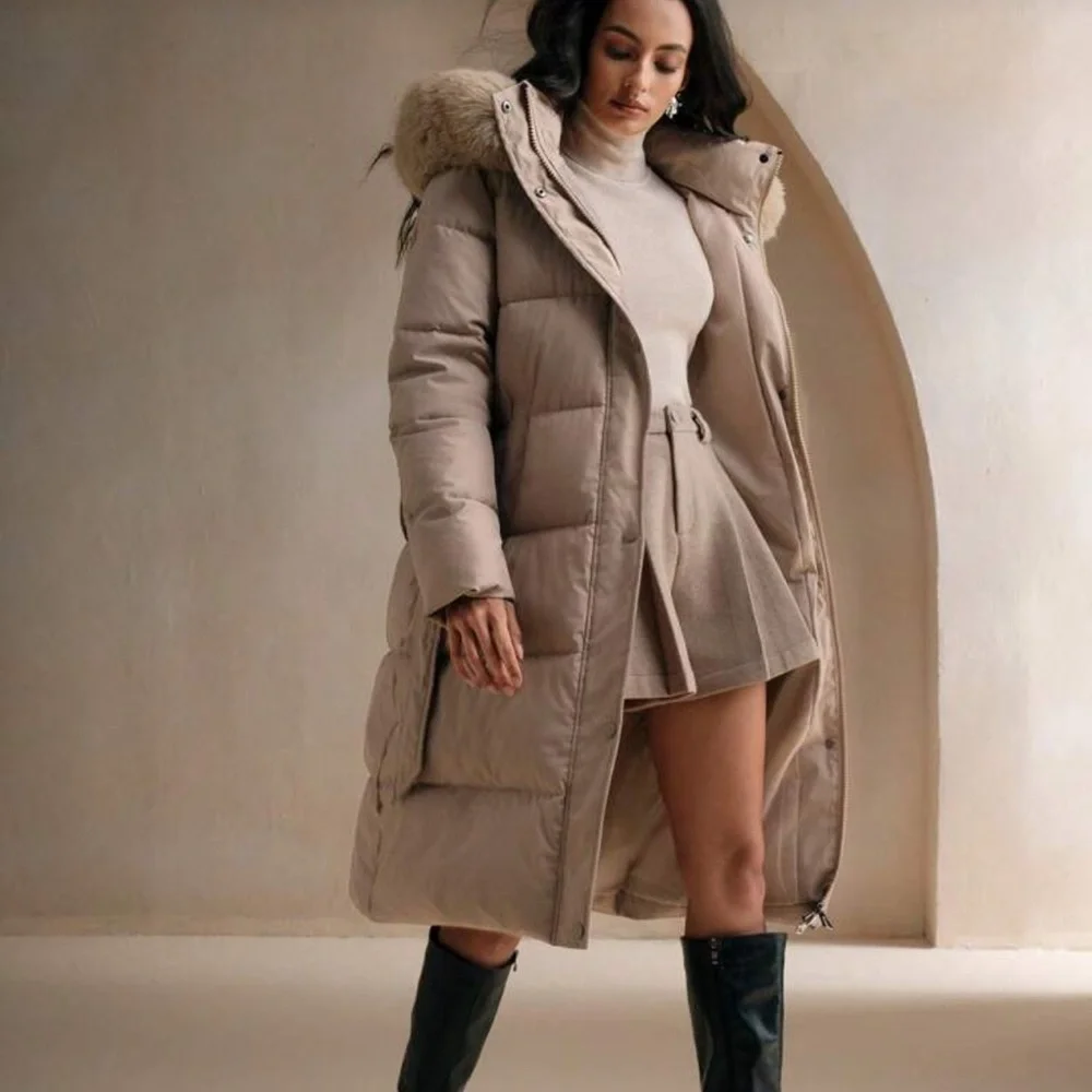 Faux fur lined hooded quilted puffer jacket long full length coat belted black - Picture 12 of 13